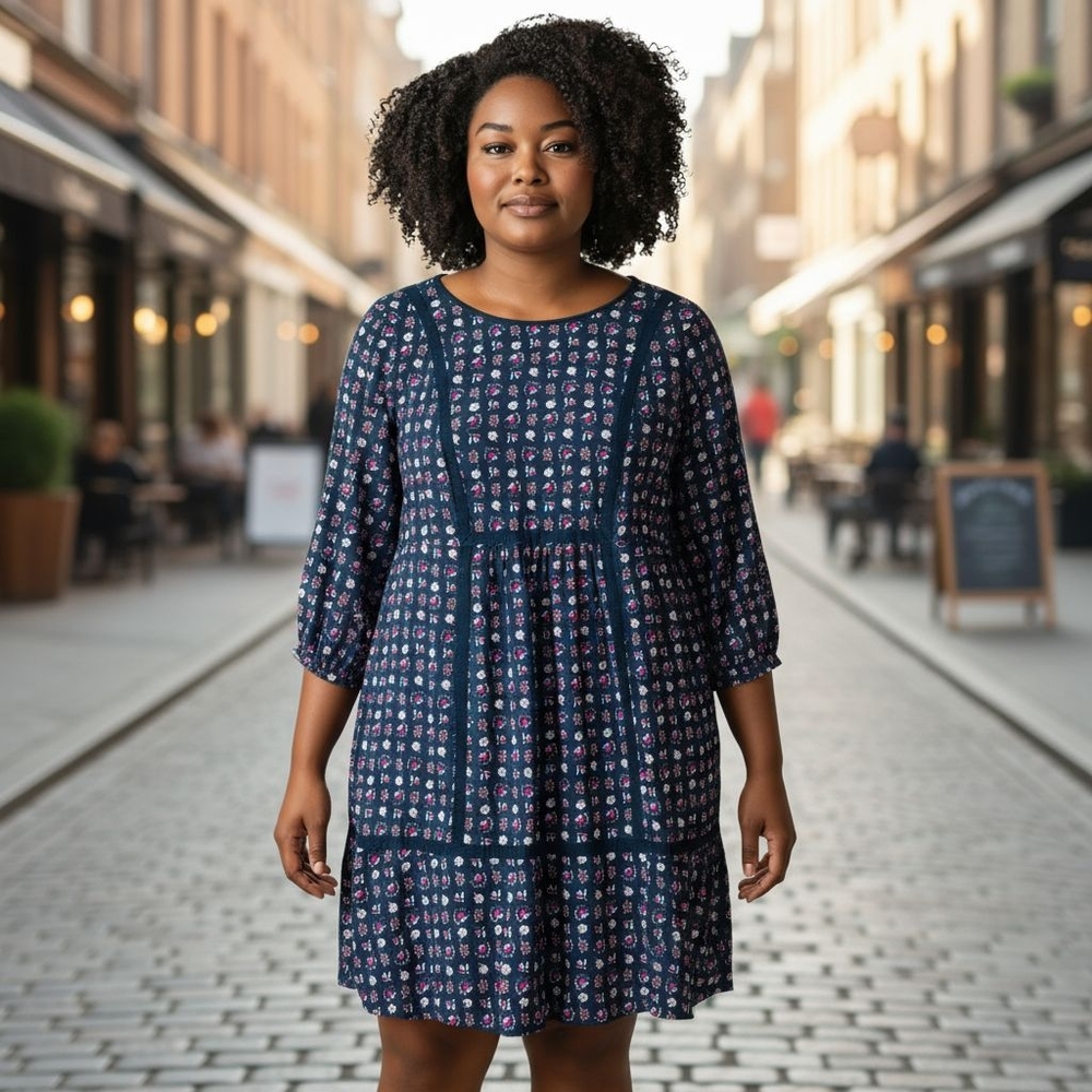 Boden Luna Dress Navy Heritage Blue Floral Shift Viscose Casual Work Plus 14